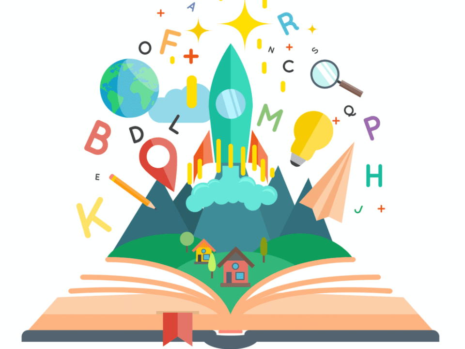 libro abierto del que surgen imágenes de casas, cohetes, letras y estrellas indicando toda la creatividad que podemos encontrar al abrir un libro
